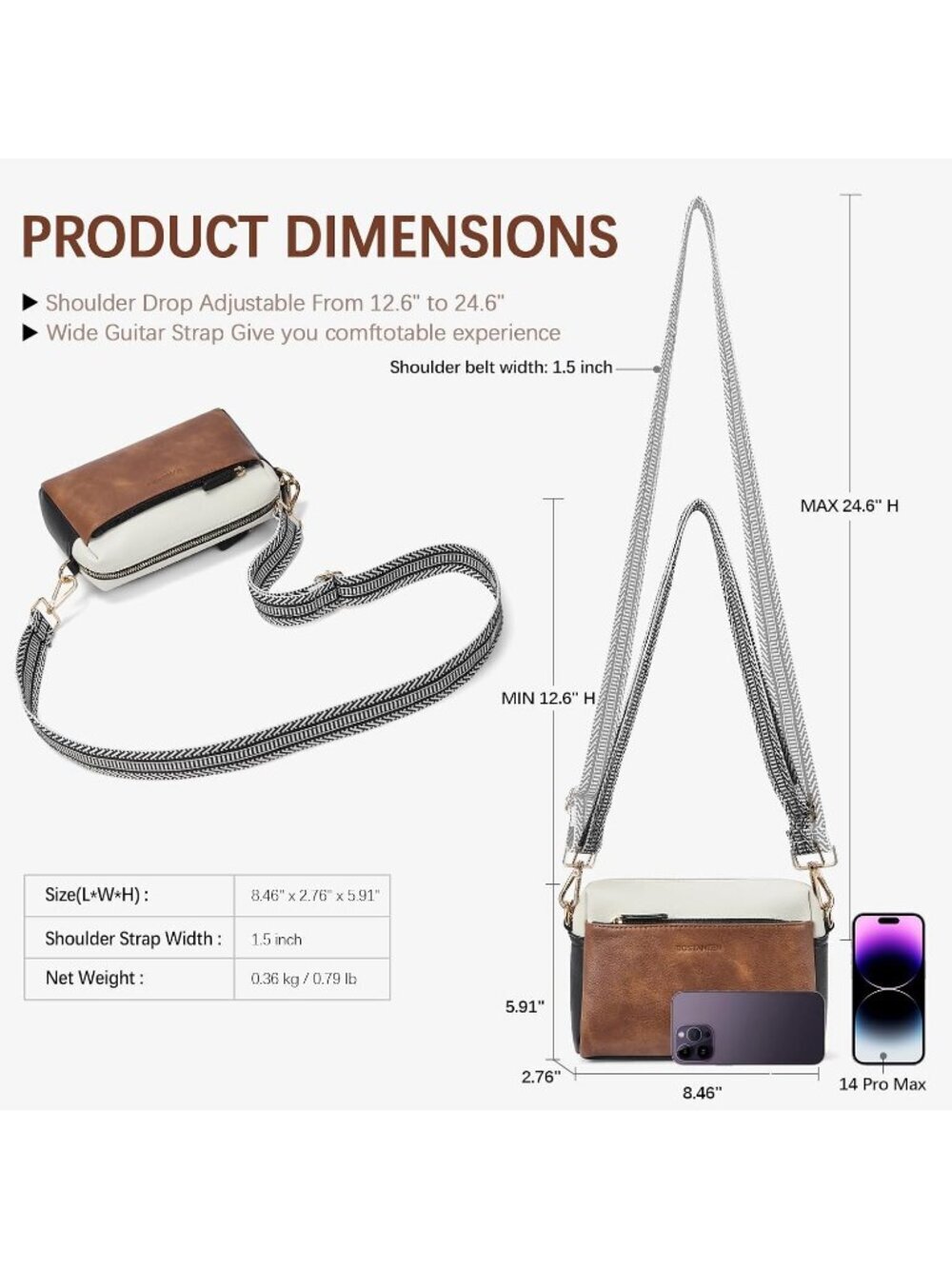 Women's Brown Black Leather Triple Zip Crossbody Bag Purse with Shoulder Strap - Picture 3 of 6